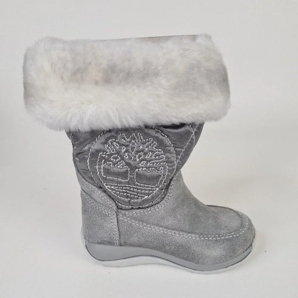Timberland TODDLERS Boots Winter Holly Berry Tall Fur Leather Grey - Picture 3 of 12